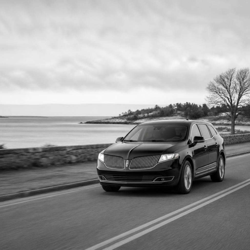 Single black executive vehicle traveling along the Connecticut shoreline